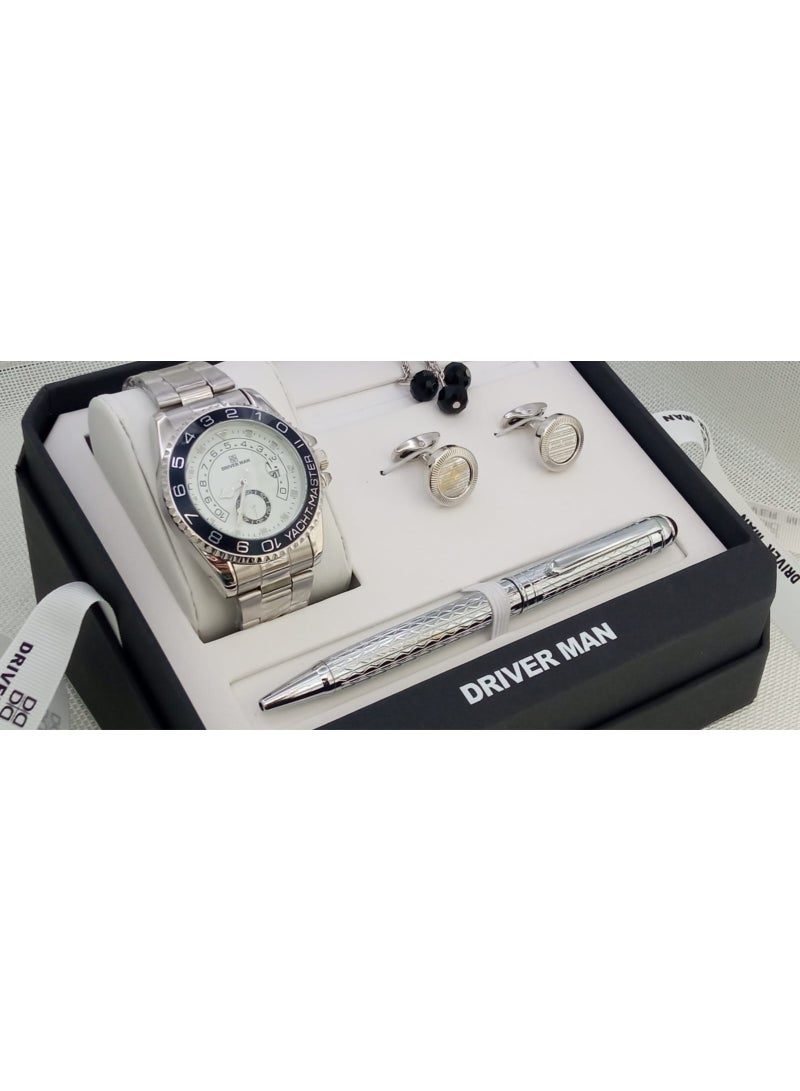 طقم رجالي من الستانلس ستيل مكون من ساعة وسبحة وقلم وازرار اكمام القمصان